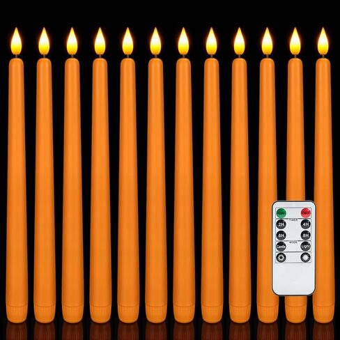 Homemory 12 Pcs Flameless Taper Candles with Remote Timer Dimmer, 11 inches Orange Taper Candles Battery Operated, Plastic LED Candlesticks with Flickering Flame for Halloween Decoration in Saudi Arabia