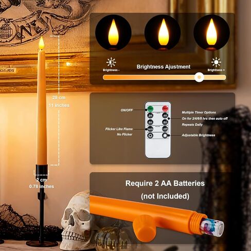 Homemory 12 Pcs Flameless Taper Candles with Remote Timer Dimmer, 11 inches Orange Taper Candles Battery Operated, Plastic LED Candlesticks with Flickering Flame for Halloween Decoration in Saudi Arabia