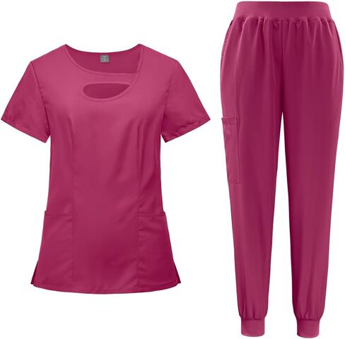 VIAOLI Scrubs Set جيوب متعددة برقبة على شكل حرف V وبنطلون فرك برباط - طقم فرك نسائي طبي موحد in Kuwait