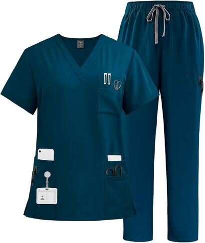 VIAOLI Scrubs Set جيوب متعددة برقبة على شكل حرف V وبنطلون فرك برباط - طقم فرك نسائي طبي موحد in Kuwait