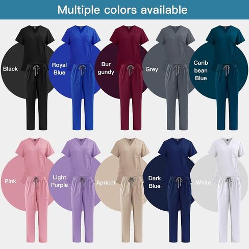 VIAOLI Scrubs Set جيوب متعددة برقبة على شكل حرف V وبنطلون فرك برباط - طقم فرك نسائي طبي موحد in Kuwait
