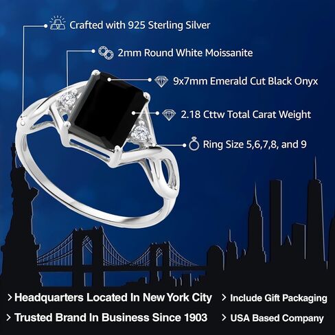 Gem Stone King 2.18 Cttw Black Onyx and White Moissanite Ring For Women | 925 Sterling Silver | Gemstone Birthstone | Available In Size 5, 6, 7, 8, 9 in Saudi Arabia