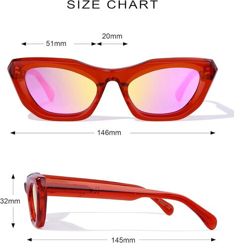 Non-Polarized Small Face Cat Eye Acetate Sunglasses 145mm Frame with UV Protection Impact Resistant Nylon Lens in Saudi Arabia