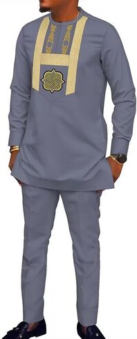 African Clothes for Men Long Sleeve Dashiki Outfits 2 Piece Set African Shirts and Pant Embroidered Mens Clothing in Saudi Arabia