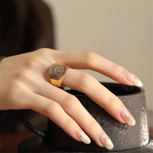 OIDIMS Vintage Gold-Tone Carved Flower Pattern Shield Domineering Rings For Women Men Personalized Retro Wide Finger Band Adjustable Knuckle Thumb Fashion Unique Jewelry Gifts Birthday Party Wedding in Saudi Arabia