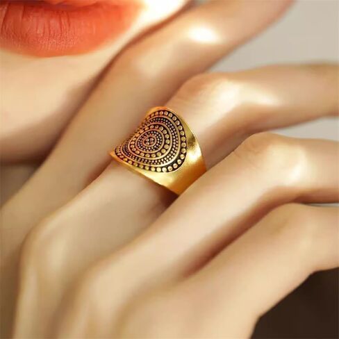 OIDIMS Vintage Gold-Tone Carved Flower Pattern Shield Domineering Rings For Women Men Personalized Retro Wide Finger Band Adjustable Knuckle Thumb Fashion Unique Jewelry Gifts Birthday Party Wedding in Saudi Arabia