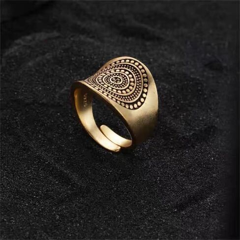 OIDIMS Vintage Gold-Tone Carved Flower Pattern Shield Domineering Rings For Women Men Personalized Retro Wide Finger Band Adjustable Knuckle Thumb Fashion Unique Jewelry Gifts Birthday Party Wedding in Saudi Arabia