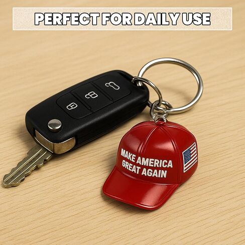Red maga Patriotic Hat Flag Metal Keychain Pack of 3 Small, Baseball Cap Design Keychain with USA Flag, Hat Keychain with Key Ring, in Saudi Arabia