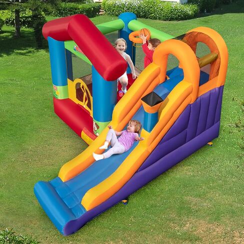 OLAKIDS Inflatable Bounce House, Train Theme Kids Jumping Castle with Slide Ball Pit Basketball Rim, Indoor Outdoor Inflatable Obstacle Course with 950W Blower 50PCS Ocean Balls Carry Bag in Kuwait