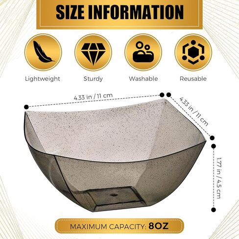 50 Pcs Gold Glitter Square Plastic Serving Bowls Disposable Snack Salad Bowl Small Party Bowls Candy Bar Containers Taco Bar Serving Dishes for Buffet Chips Fruit (8 oz) in Kuwait