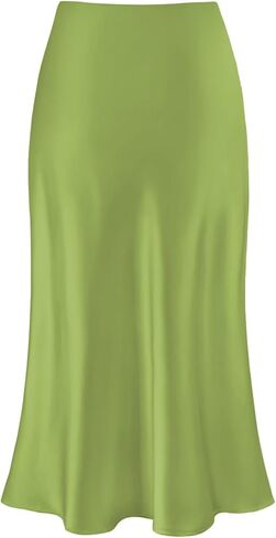 Womens Silky Satin Midi Skirt High Waist Elastic Waist A Line Skirt in Kuwait