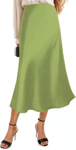 Womens Silky Satin Midi Skirt High Waist Elastic Waist A Line Skirt in Kuwait