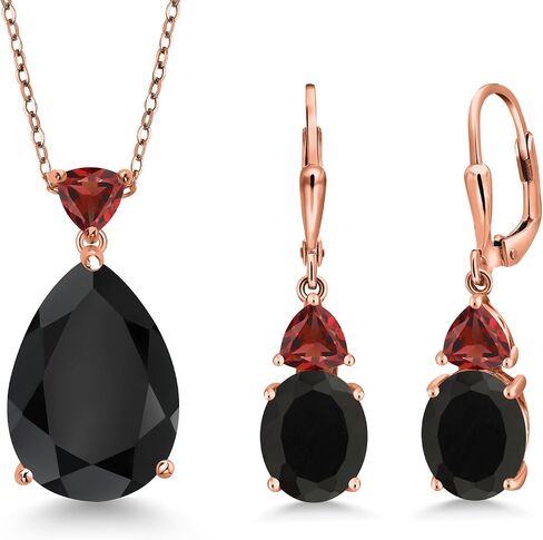 مجموعة مجوهرات للنساء من Gem Stone King مطلية بالذهب الوردي عيار 18 قيراط والفضة والعقيق الأسود والعقيق الأحمر (16.53 قيراط، على شكل كمثرى 18 × 13 مم، مع سلسلة 18 بوصة) in Saudi Arabia