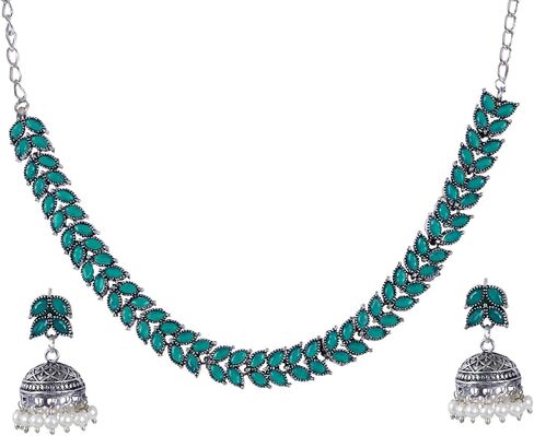 Efulgenz Indian Jewelry Sets for Women Bohemian Jewelry Set for Women Leaf Crystal Stone Necklace Sets with Faux Pearl Drop Jhumki Jhumka Dangle Earrings Choker Necklace Earrings Set in Saudi Arabia