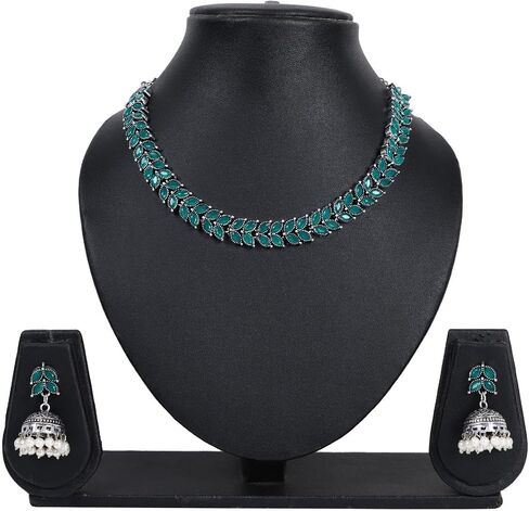 Efulgenz Indian Jewelry Sets for Women Bohemian Jewelry Set for Women Leaf Crystal Stone Necklace Sets with Faux Pearl Drop Jhumki Jhumka Dangle Earrings Choker Necklace Earrings Set in Saudi Arabia