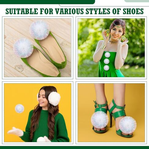 Dingion 4 Pcs Halloween White Jumbo Glitter Tinsel Pom Poms Sparkle Balls Fluffy Shoe Clips Removable Faux Fur Pom Poms Shoe Clips Wedding Decoration for Women Girls Costume in Kuwait