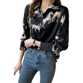 قمصان نسائية بأزرار سفلية ورقبة على شكل حرف V وأكمام طويلة وبلوزات علوية كاجوال مطبوعة على شكل حصان in Kuwait