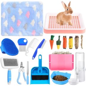 19 Pcs Rabbit Starter Kit Small Rabbit Litter Box Animal Grooming Kit Bunny Toys Bowl Blankets with Cleaning Set for Guinea Pig Bunny Accessories in Kuwait
