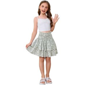 Girl's 2 Piece Outfits Lace Ruched Camisole Tops and Shirred High Waisted Layered Floral Skirts Set in Kuwait