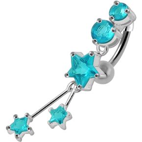 Two Round and Triple Star Dangling Reverse Bar Design 925 Sterling Silver with Stainless Steel Belly Ring - Belly Button jewelry - Navel jewelry in Saudi Arabia