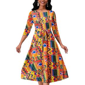 Women's Caual Midi Dress 3/4 Sleeve Crewneck A-line Swing Dress for Women with Belt for Wedding Guest & Cocktail Party in Kuwait