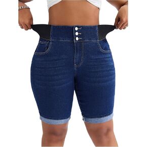 GORGLITTER Women's Plus Size Jean Shorts Stretchy High Waist Roll Hem Denim Bermuda Shorts in Kuwait