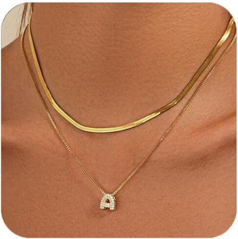 Bubble Letter Necklace for Women – Gold Zircon Initial Necklaces 14k Dainty Gold Plated Non-Tarnish Herringbone Layered Necklaces Hypoallergenic Gift in Saudi Arabia
