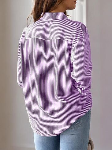 Wrinkle-Resistant Button Down Shirts for Women Long Sleeve Striped Shirt Blouses Tops with Pocket in Saudi Arabia