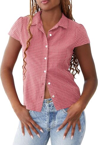 Piacakece المرأة كاب كم القماش القطني قميص الأعمال عارضة قصيرة الأكمام زر أسفل قمصان مربعة النقش Y2K أعلى البلوزات in Kuwait