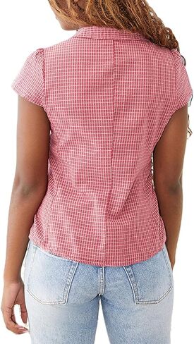 Piacakece المرأة كاب كم القماش القطني قميص الأعمال عارضة قصيرة الأكمام زر أسفل قمصان مربعة النقش Y2K أعلى البلوزات in Kuwait