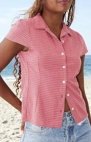 Piacakece المرأة كاب كم القماش القطني قميص الأعمال عارضة قصيرة الأكمام زر أسفل قمصان مربعة النقش Y2K أعلى البلوزات in Kuwait