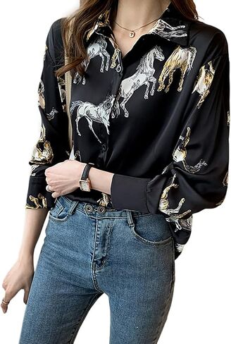 قمصان نسائية بأزرار سفلية ورقبة على شكل حرف V وأكمام طويلة وبلوزات علوية كاجوال مطبوعة على شكل حصان in Kuwait