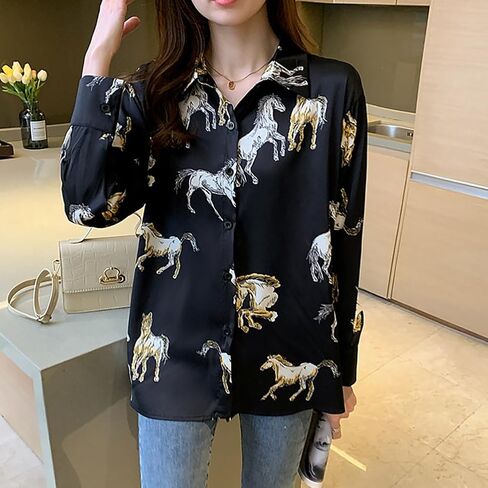 قمصان نسائية بأزرار سفلية ورقبة على شكل حرف V وأكمام طويلة وبلوزات علوية كاجوال مطبوعة على شكل حصان in Kuwait