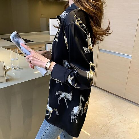 قمصان نسائية بأزرار سفلية ورقبة على شكل حرف V وأكمام طويلة وبلوزات علوية كاجوال مطبوعة على شكل حصان in Kuwait