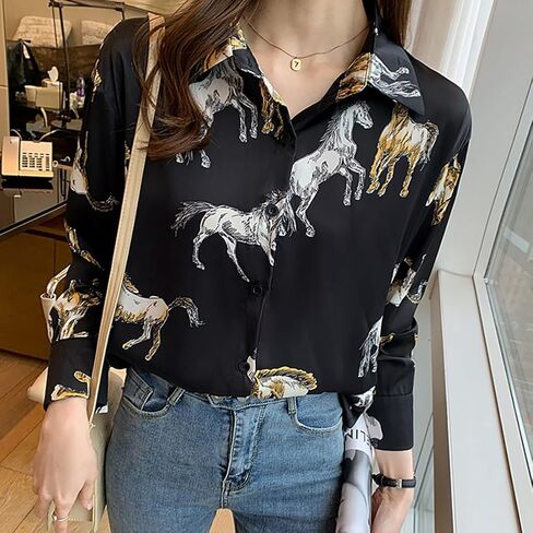 قمصان نسائية بأزرار سفلية ورقبة على شكل حرف V وأكمام طويلة وبلوزات علوية كاجوال مطبوعة على شكل حصان in Kuwait