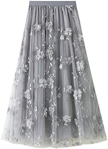 Womens Foral Tulle Skirt Elastic High Wasit Embroidery Floral Mesh Tutu A-Line Midi Skirts in Saudi Arabia