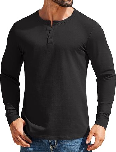 قمصان رجالي من COOFANDY من Henley مصنوعة من القطن بأكمام طويلة ورقبة على شكل حرف V وأزرار أساسية كاجوال سادة in Saudi Arabia