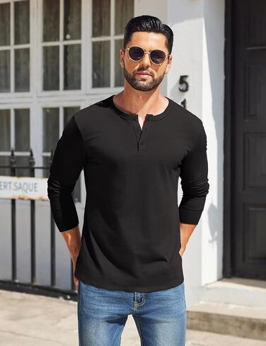 قمصان رجالي من COOFANDY من Henley مصنوعة من القطن بأكمام طويلة ورقبة على شكل حرف V وأزرار أساسية كاجوال سادة in Saudi Arabia