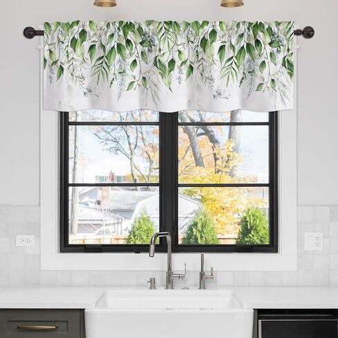 Green Leaves Valance Curtains for Windows Watercolor Sage Eucalyptus Leaves Modern Rod Pocket Decorative Window Valance for Kitchen Bathroom Bedroom Living Room Closet, 54x18 Inch in Kuwait