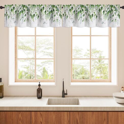 Green Leaves Valance Curtains for Windows Watercolor Sage Eucalyptus Leaves Modern Rod Pocket Decorative Window Valance for Kitchen Bathroom Bedroom Living Room Closet, 54x18 Inch in Kuwait