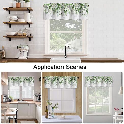 Green Leaves Valance Curtains for Windows Watercolor Sage Eucalyptus Leaves Modern Rod Pocket Decorative Window Valance for Kitchen Bathroom Bedroom Living Room Closet, 54x18 Inch in Kuwait