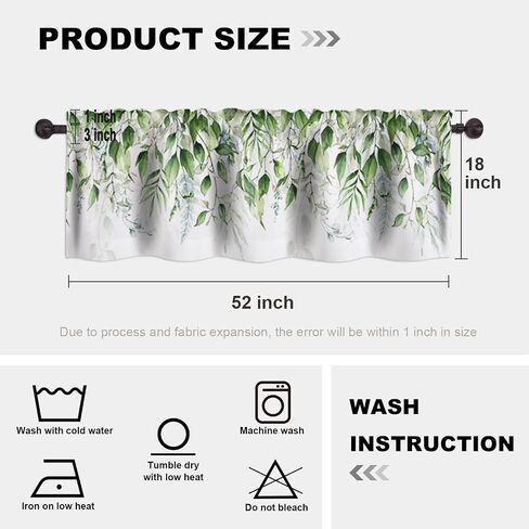 Green Leaves Valance Curtains for Windows Watercolor Sage Eucalyptus Leaves Modern Rod Pocket Decorative Window Valance for Kitchen Bathroom Bedroom Living Room Closet, 54x18 Inch in Kuwait