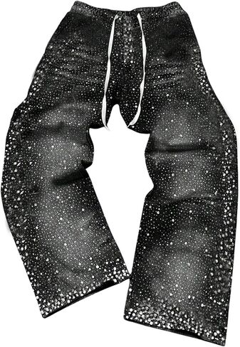 GORGLITTER Men's Baggy Wide Leg Sweatpants Rhinestone Graphic Drawstring Washed Track Pants in Saudi Arabia
