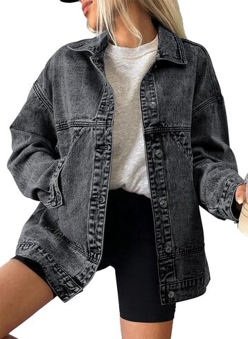 SHEWIN Womens Denim Jacket Casual Long Sleeve Drop Shoulder Button Front Jean Jacket Coat With Pockets in Saudi Arabia