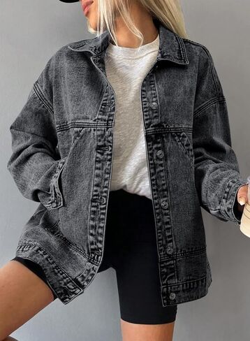 SHEWIN Womens Denim Jacket Casual Long Sleeve Drop Shoulder Button Front Jean Jacket Coat With Pockets in Saudi Arabia