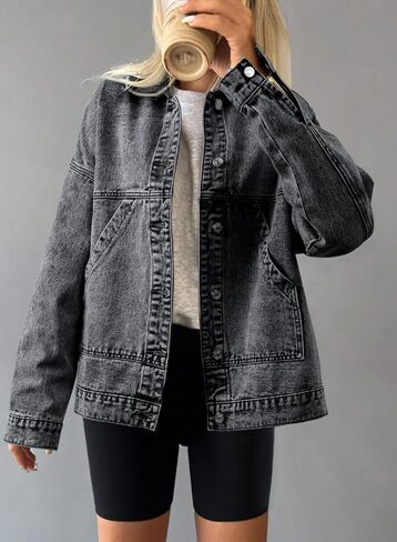 SHEWIN Womens Denim Jacket Casual Long Sleeve Drop Shoulder Button Front Jean Jacket Coat With Pockets in Saudi Arabia