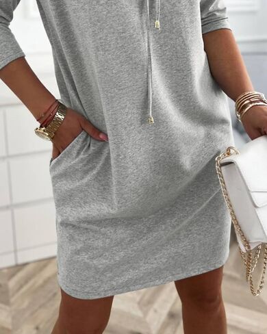 CHICME Women's Sweatshirt Dress 2025 Casual 3/4 Sleeve Mini Dress Stand Collar Drawstring Pullover Tunic Top with Pockets in Saudi Arabia