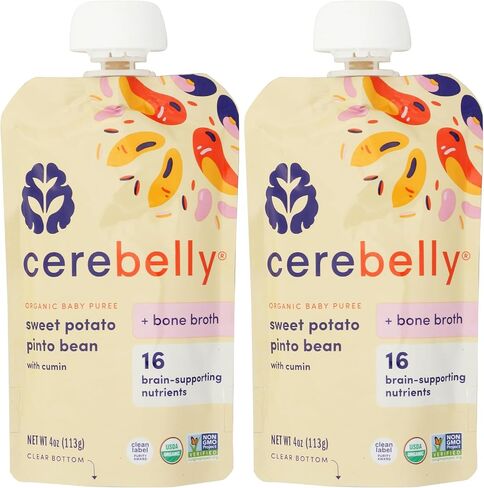 Cerebelly Baby Food Pouches – Sweet Potato Pinto Bean + Chicken Bone Broth (4 oz, Pack of 1) - Healthy Kids Snacks - Veggie Purees - 16 Brain-supporting Nutrients from Superfoods, No Added Sugar in Saudi Arabia
