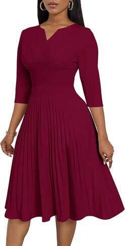 CLOCOR Midi Dresses for Women Casual Wrap Flared Pleated Dress A Line 3/4 Sleeve V Neck Church Cocktail Wedding Guest Dress in Kuwait