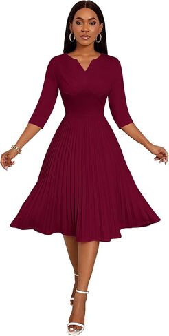 CLOCOR Midi Dresses for Women Casual Wrap Flared Pleated Dress A Line 3/4 Sleeve V Neck Church Cocktail Wedding Guest Dress in Kuwait